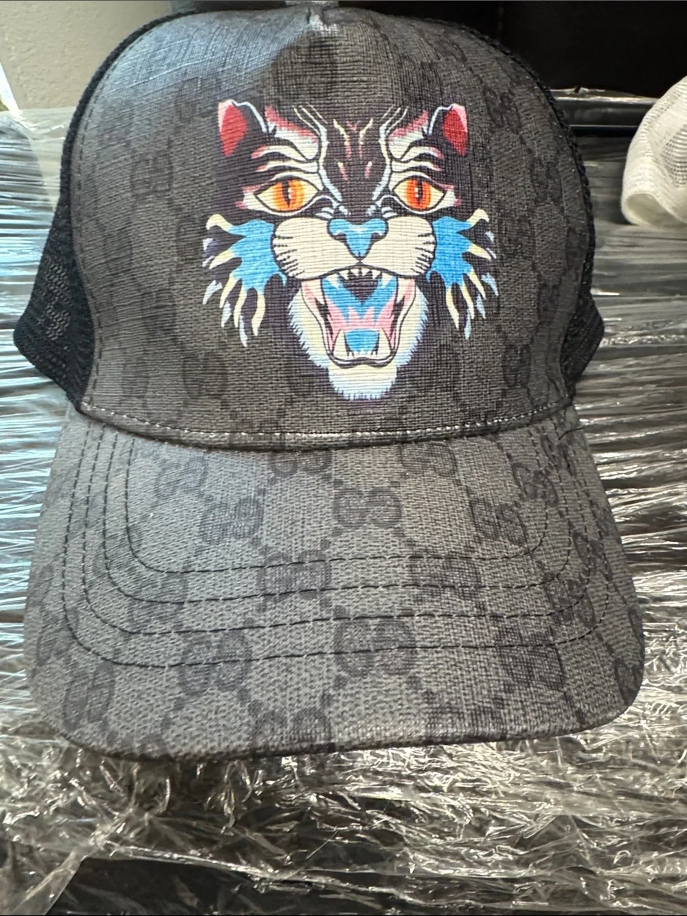 Gucci Gray Monogram Trucker Cap with Multicolor Tiger Patch